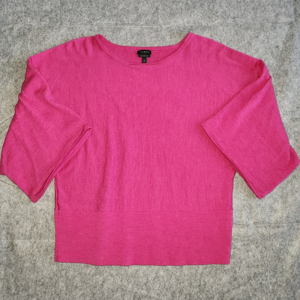 Talbots 100% Pure Merino Wool Crewneck Kimono Sleeve Sweater Top XL Pink Barbie